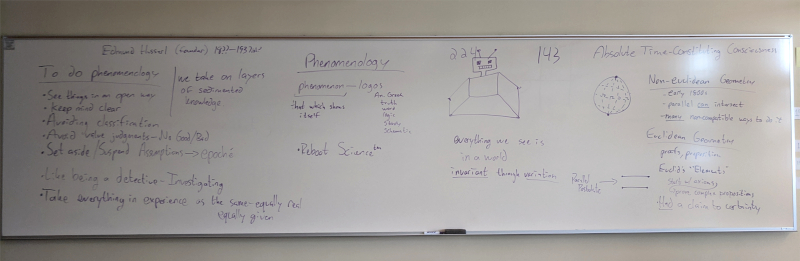 Figure 3: the whiteboard after a discussion of phenomenology, January, 2020.